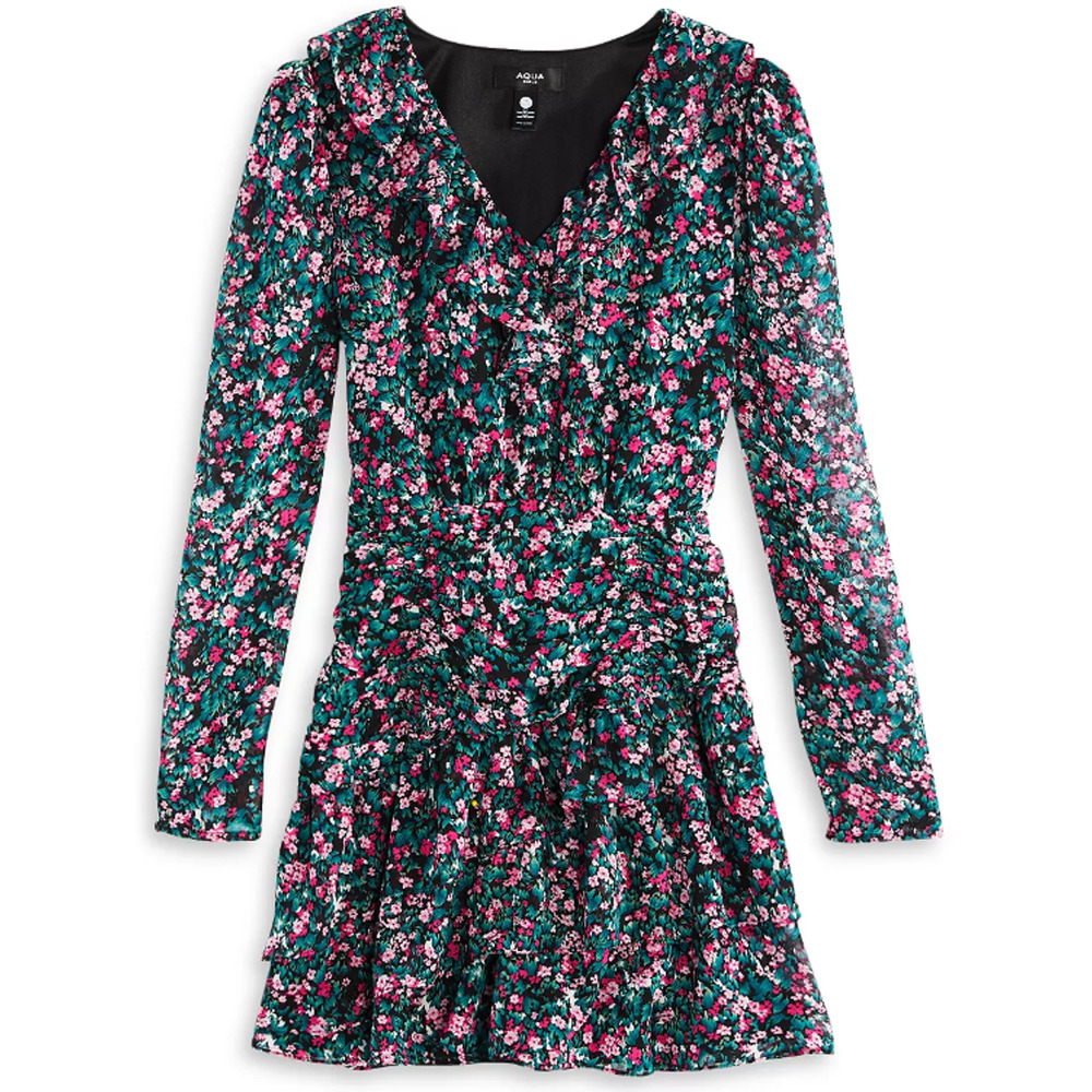 AQUA Girls' Size M Asymmetrical Ruffle Floral Dress Green/Pink Floral